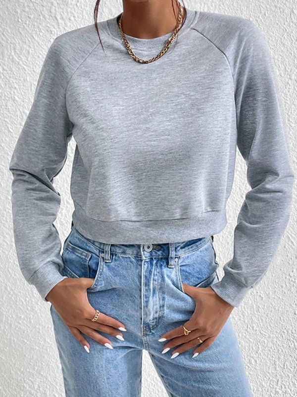 New women's long - sleeved round neck solid color sweater - Outerwear